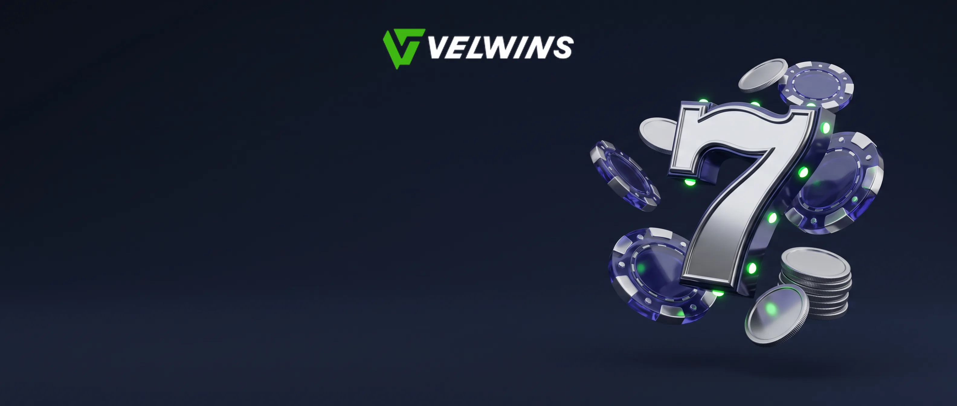 Velwins Casino mit einer silbernen Sieben, Spielchips und grünen Lichtakzenten